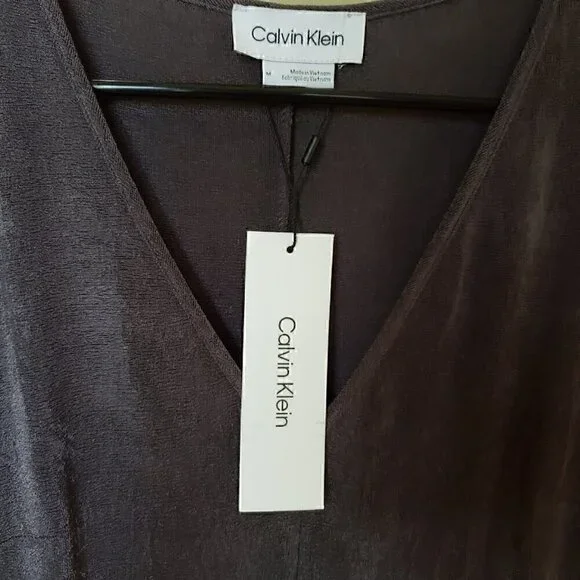 NWT Calvin Klein V-Neck Midi Dress in Gray with Sheen - Picture 2 of 9